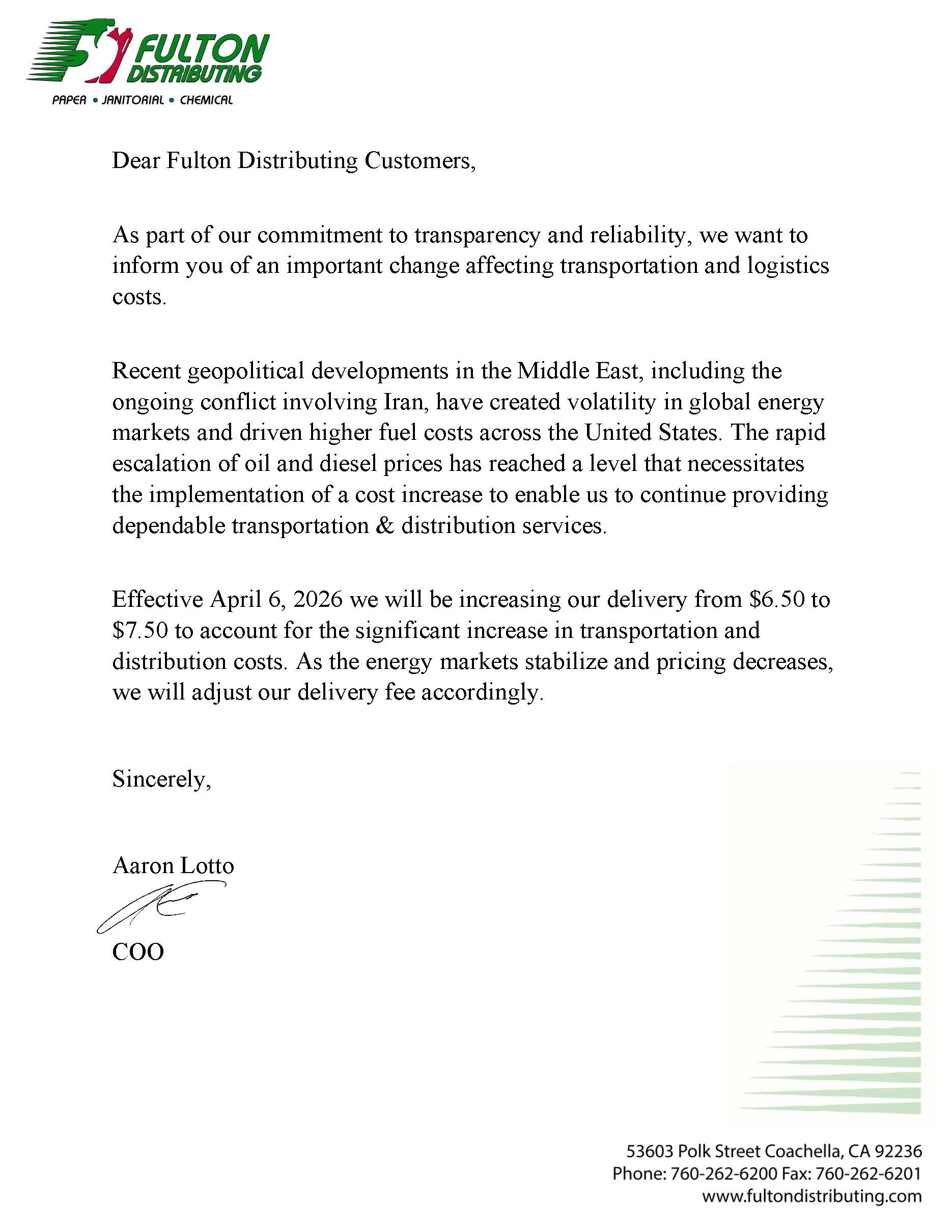 Fulton Distributing Delivery Fee 2026